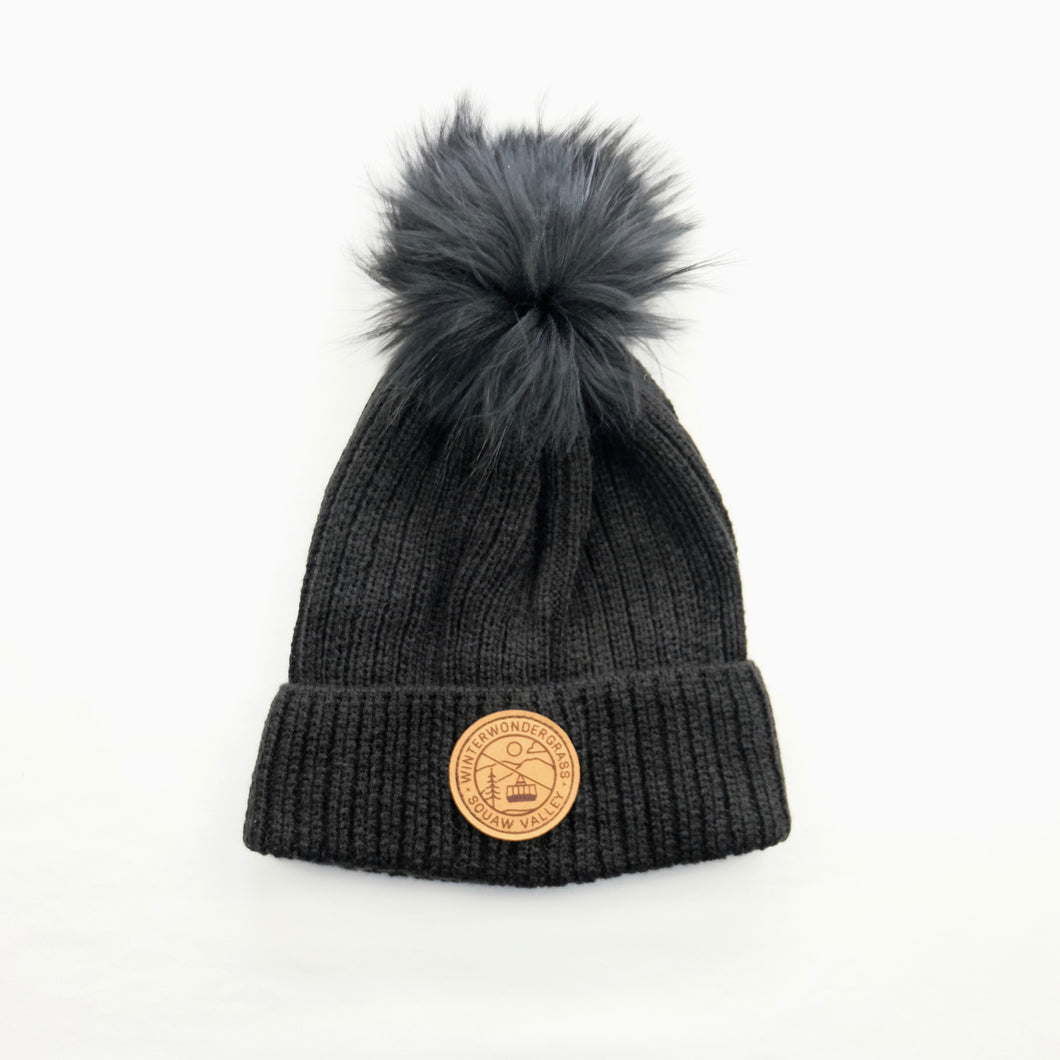 Knit Hat Black with Faux Fur Pom - WWG Squaw Valley